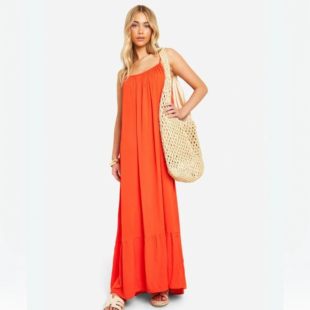 Ava Viv Red/Orange Maxi Dress spaghetti strap Tassle bowtie ruffle plus size 1X - Picture 1 of 9